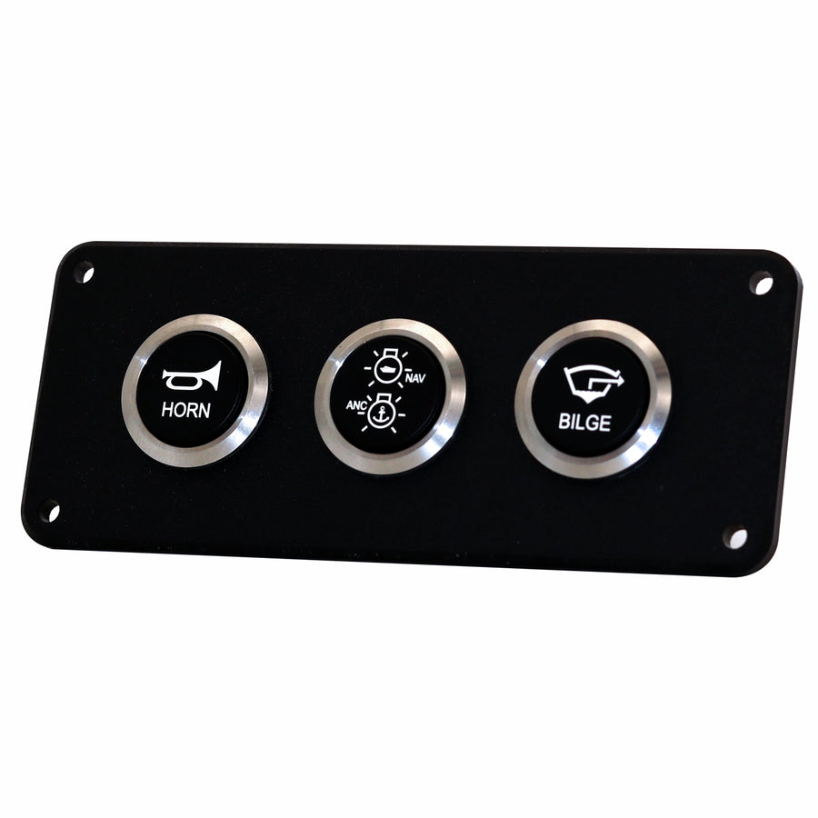 A black marine control panel with three circular silver buttons labeled HORN, ANC/BLAST LIGHT, and BILGE, shown on a plain white background.