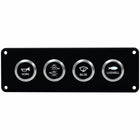 A 4-button marine control panel with a black faceplate and silver-rimmed circular buttons labeled HORN, NAV/LOW, BILGE, and LIVEWELL.