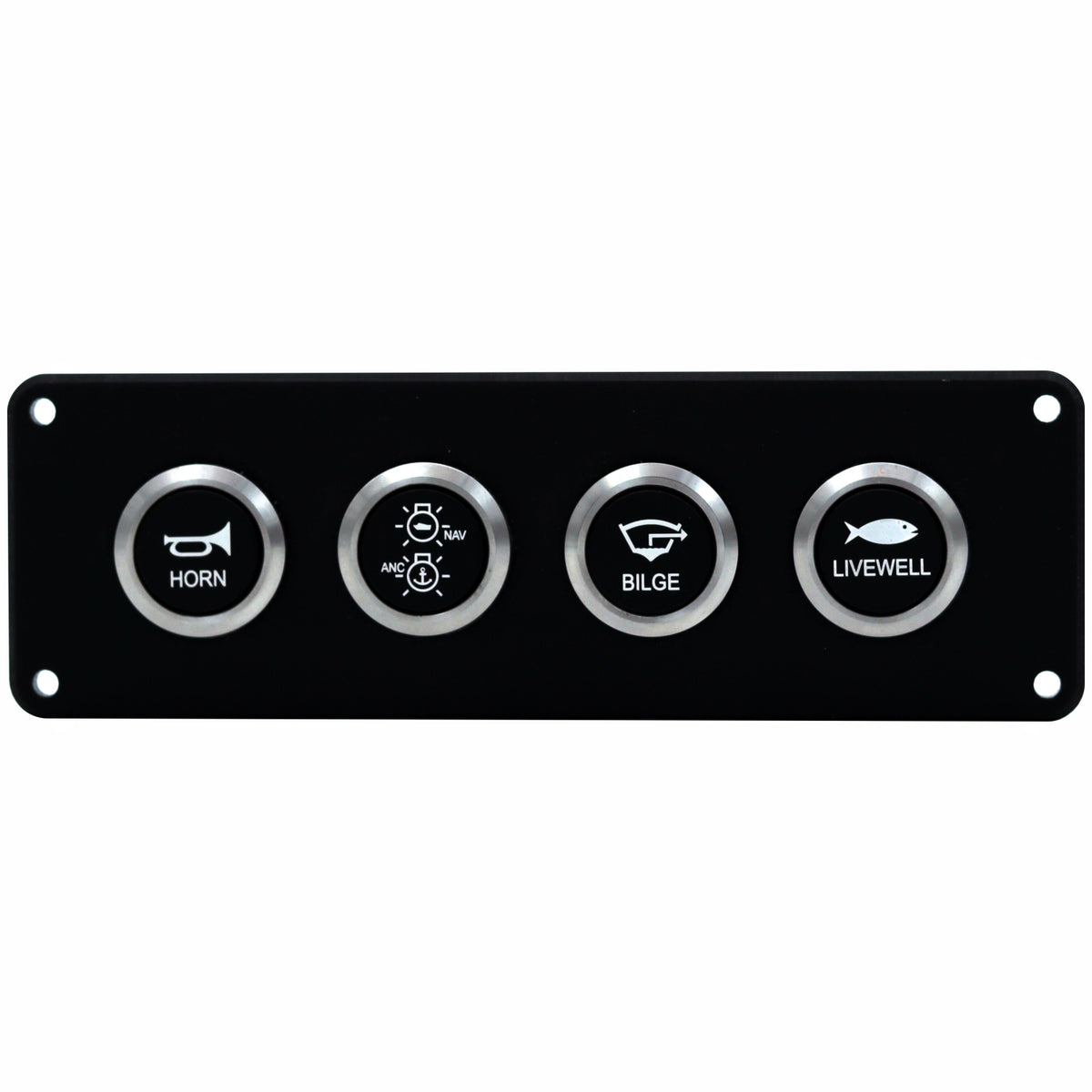 A 4-button marine control panel with a black faceplate and silver-rimmed circular buttons labeled HORN, NAV/LOW, BILGE, and LIVEWELL.