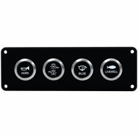A 4-button marine control panel with a black faceplate and silver-rimmed circular buttons labeled HORN, NAV/LOW, BILGE, and LIVEWELL.