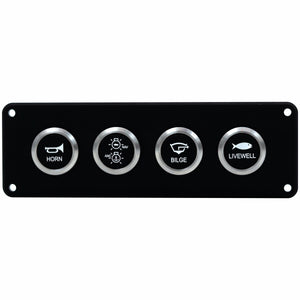 A 4-button marine control panel with a black faceplate and silver-rimmed circular buttons labeled HORN, NAV/LOW, BILGE, and LIVEWELL.