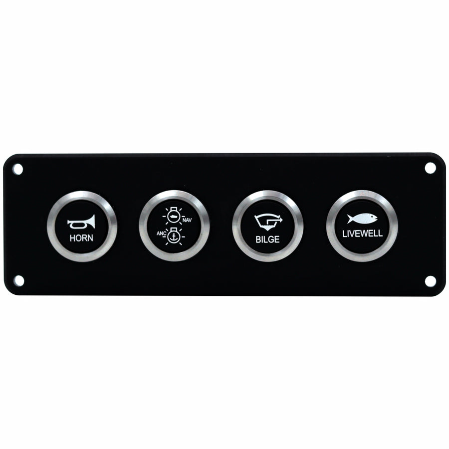 A 4-button marine control panel with a black faceplate and silver-rimmed circular buttons labeled HORN, NAV/LOW, BILGE, and LIVEWELL.