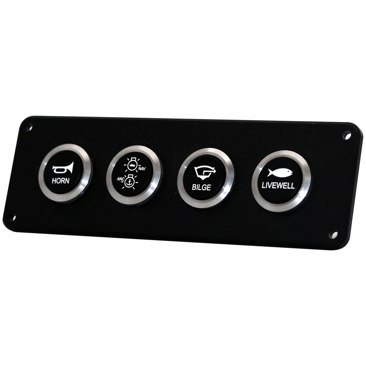 A black marine control panel featuring four round silver buttons labeled Horn, A/CD, Bilge, and Livewell, set against a plain white background.