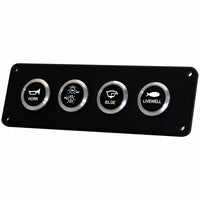 A black marine control panel featuring four round silver buttons labeled Horn, A/CD, Bilge, and Livewell, set against a plain white background.