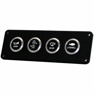 A black marine control panel featuring four round silver buttons labeled Horn, A/CD, Bilge, and Livewell, set against a plain white background.