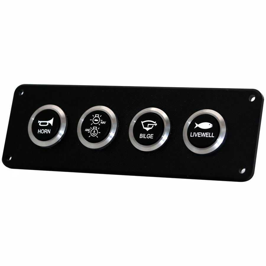A black marine control panel featuring four round silver buttons labeled Horn, A/CD, Bilge, and Livewell, set against a plain white background.