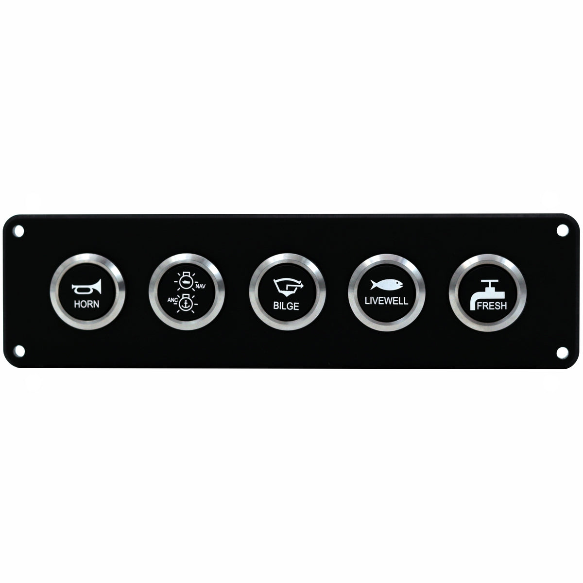 A black marine control panel featuring five circular silver buttons labeled HORN, MAR LIGHTS, BILGE, LIVEWELL, and FRESH, shown against a plain white background.