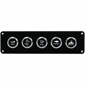 A black marine control panel featuring five circular silver buttons labeled HORN, MAR LIGHTS, BILGE, LIVEWELL, and FRESH, shown against a plain white background.