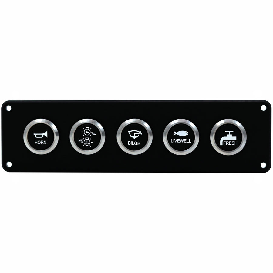 A black marine control panel featuring five circular silver buttons labeled HORN, MAR LIGHTS, BILGE, LIVEWELL, and FRESH, shown against a plain white background.