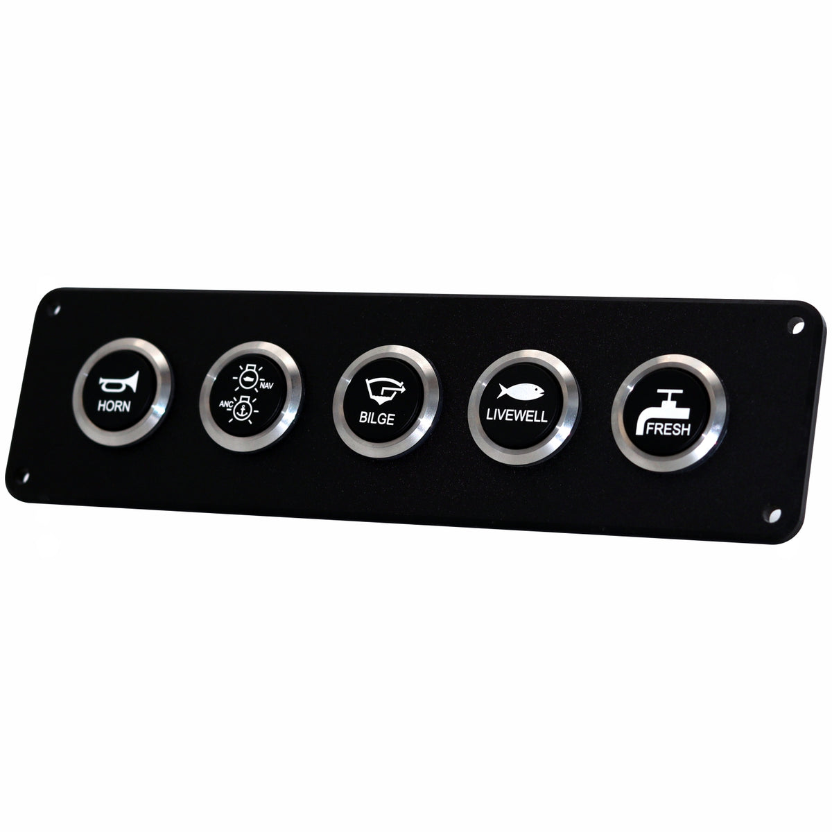 A black marine control panel featuring five circular buttons with silver metallic bezels and white icons for horn, bilge, livewell, and fresh water.