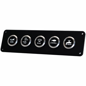 A black marine control panel featuring five circular buttons with silver metallic bezels and white icons for horn, bilge, livewell, and fresh water.