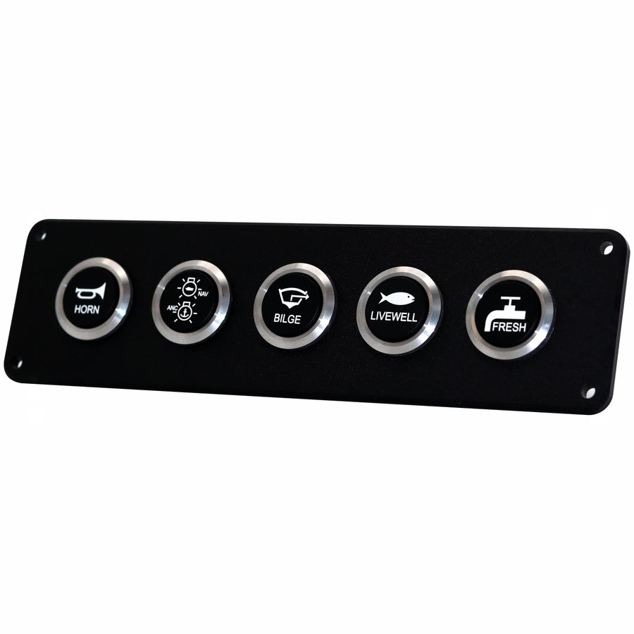 A black marine control panel featuring five circular buttons with silver metallic bezels and white icons for horn, bilge, livewell, and fresh water.