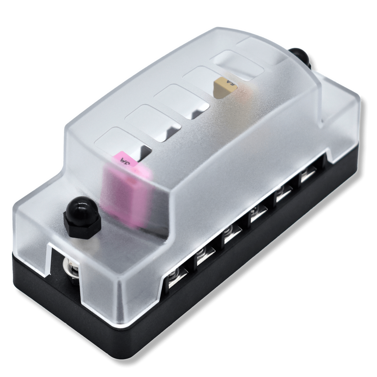 Bluewater 6-position ATC fuse block with frosted translucent cover and visible blade fuses