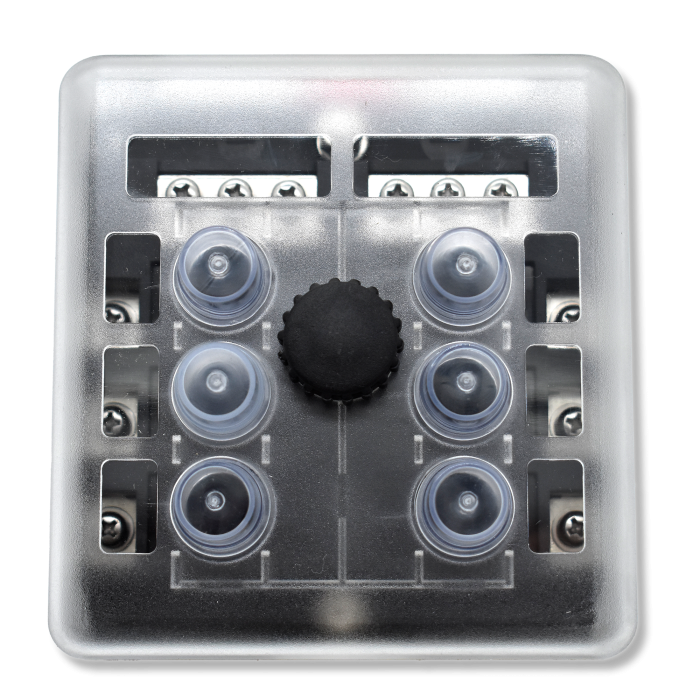 Bluewater 6 & 12 Position breaker block with transparent cover, six capped posts and central knob
