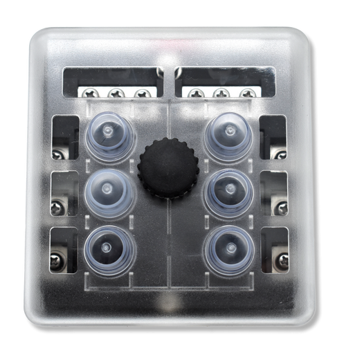 Bluewater 6 & 12 Position breaker block with transparent cover, six capped posts and central knob