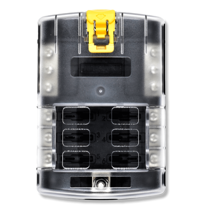 Bluewater 6 & 12-position marine fuse block with clear hinged cover and yellow latch