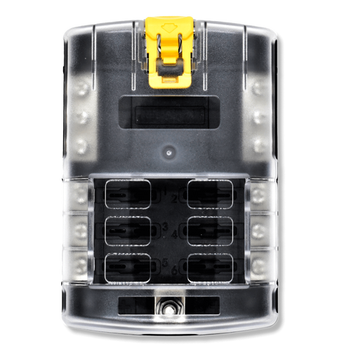 Bluewater 6 & 12-position marine fuse block with clear hinged cover and yellow latch