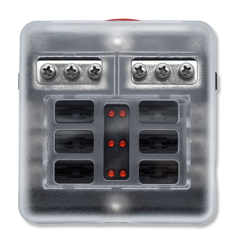 Bluewater 6 & 12 position marine fuse block with red LED status indicators and clear cover