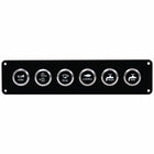A black marine control panel featuring six circular buttons with silver bezels and white icons for horn, bilge, livewell, fresh, raw, and another utility symbol.