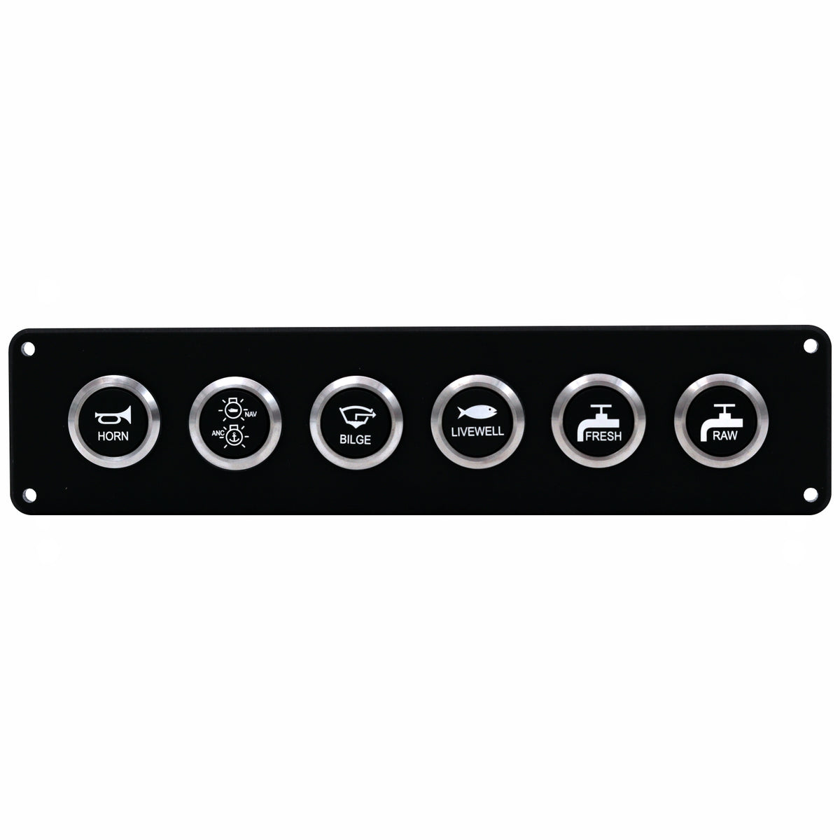 A black marine control panel featuring six circular buttons with silver bezels and white icons for horn, bilge, livewell, fresh, raw, and another utility symbol.