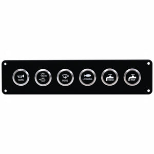 A black marine control panel featuring six circular buttons with silver bezels and white icons for horn, bilge, livewell, fresh, raw, and another utility symbol.