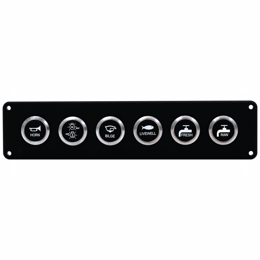 A black marine control panel featuring six circular buttons with silver bezels and white icons for horn, bilge, livewell, fresh, raw, and another utility symbol.