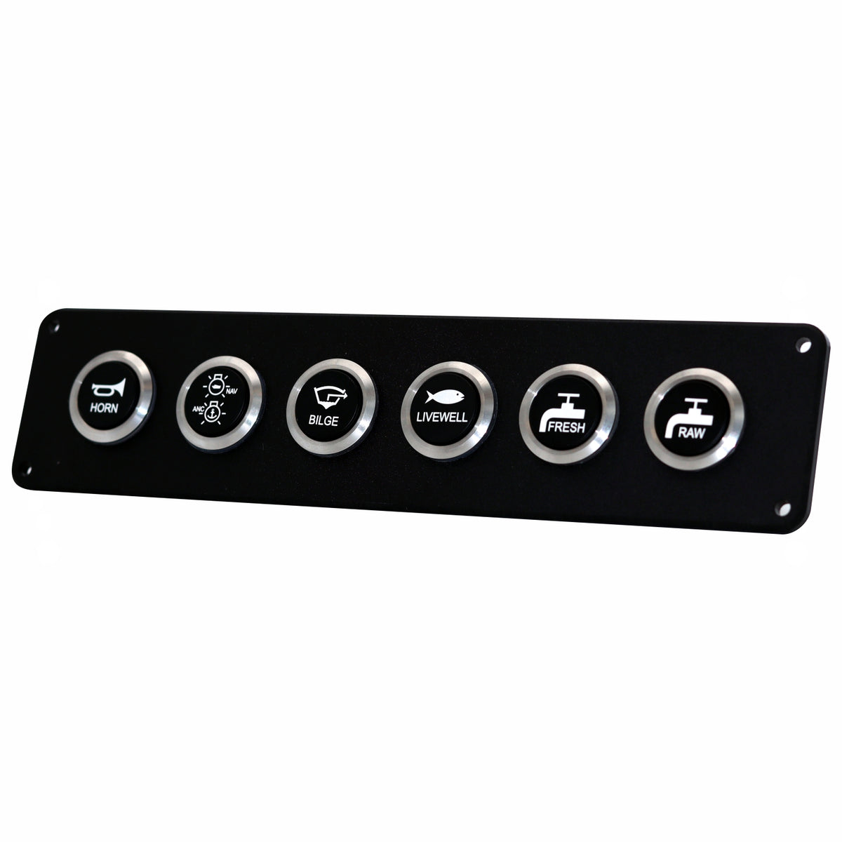 A black rectangular marine control panel with six circular silver buttons labeled Horn, Blower, Blac, Livewell, Fresh, and Raw, shown on a plain white background.