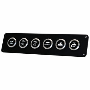 A black rectangular marine control panel with six circular silver buttons labeled Horn, Blower, Blac, Livewell, Fresh, and Raw, shown on a plain white background.
