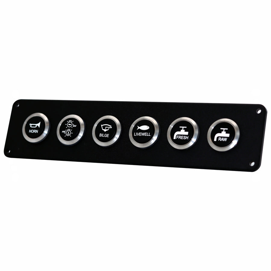 A black rectangular marine control panel with six circular silver buttons labeled Horn, Blower, Blac, Livewell, Fresh, and Raw, shown on a plain white background.