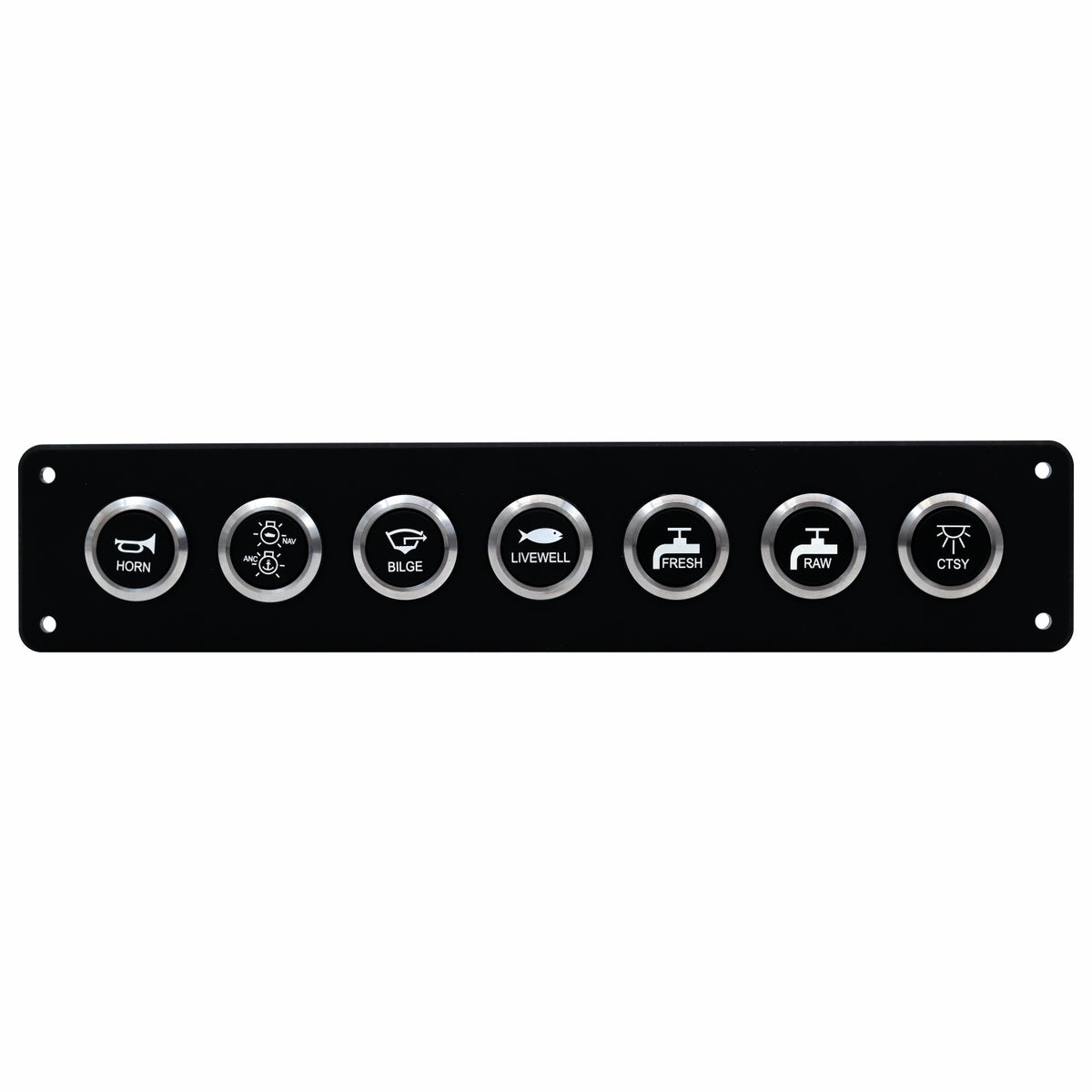 A black marine control panel featuring seven circular silver buttons with white icons and text labels for horn, blower, bilge, livewell, fresh water, fuel, and CSTV.
