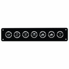 A black marine control panel featuring seven circular silver buttons with white icons and text labels for horn, blower, bilge, livewell, fresh water, fuel, and CSTV.