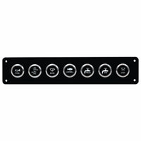 A black marine control panel featuring seven circular silver buttons with white icons and text labels for horn, blower, bilge, livewell, fresh water, fuel, and CSTV.