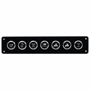 A black marine control panel featuring seven circular silver buttons with white icons and text labels for horn, blower, bilge, livewell, fresh water, fuel, and CSTV.