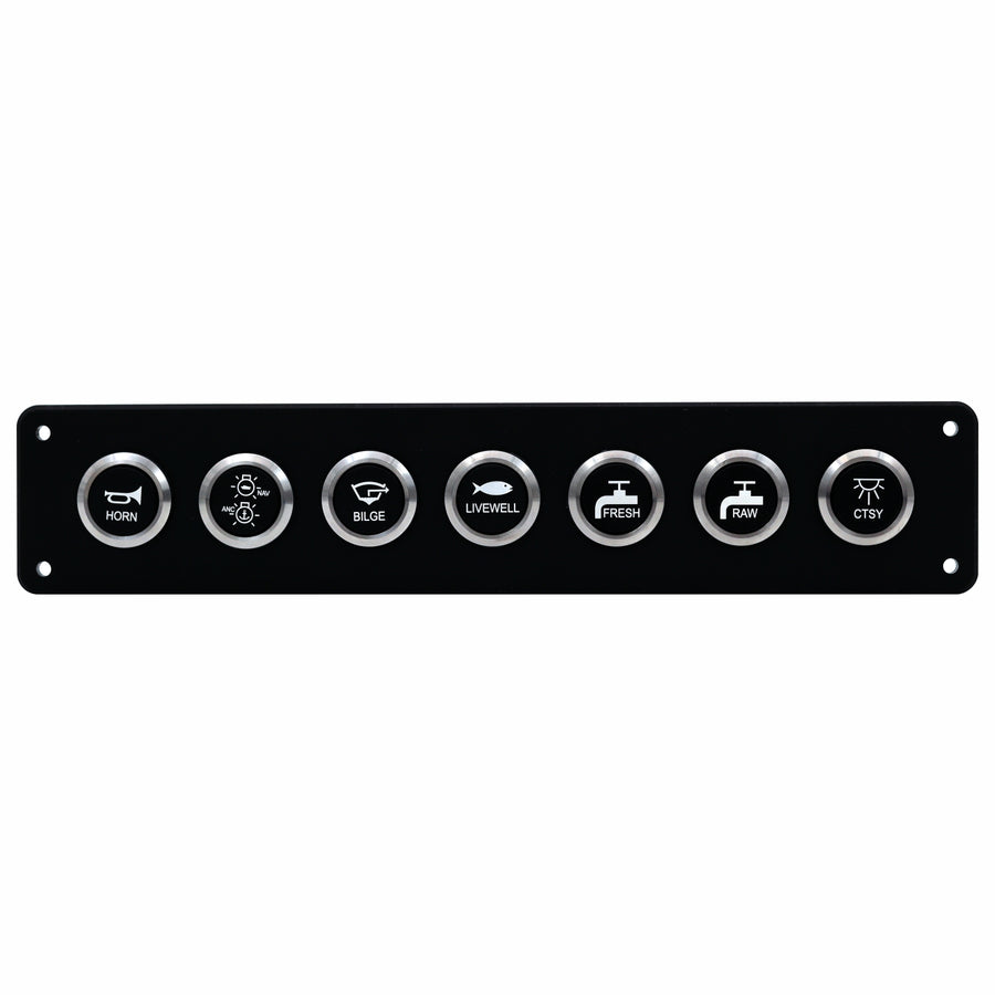 A black marine control panel featuring seven circular silver buttons with white icons and text labels for horn, blower, bilge, livewell, fresh water, fuel, and CSTV.