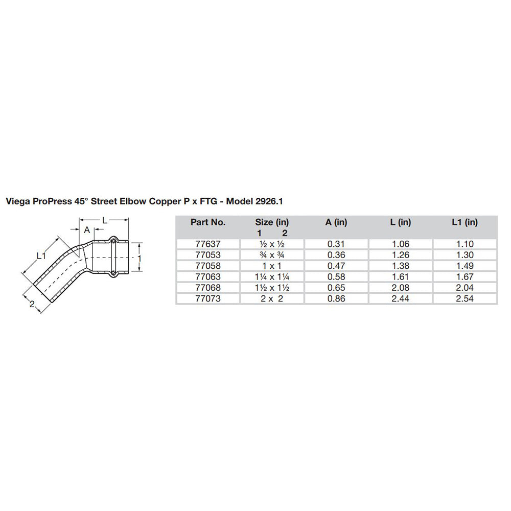 Viega ProPress 1  45 Copper Elbow  StreetPress Connection  Smart Connect Technology 77058