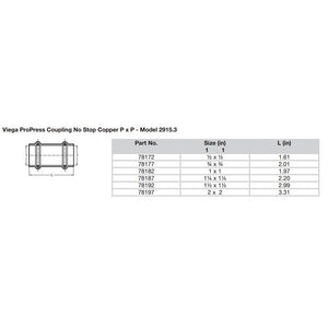 Viega ProPress 112 Copper Coupling wo Stop  Double Press Connection  Smart Connect Technology 78192