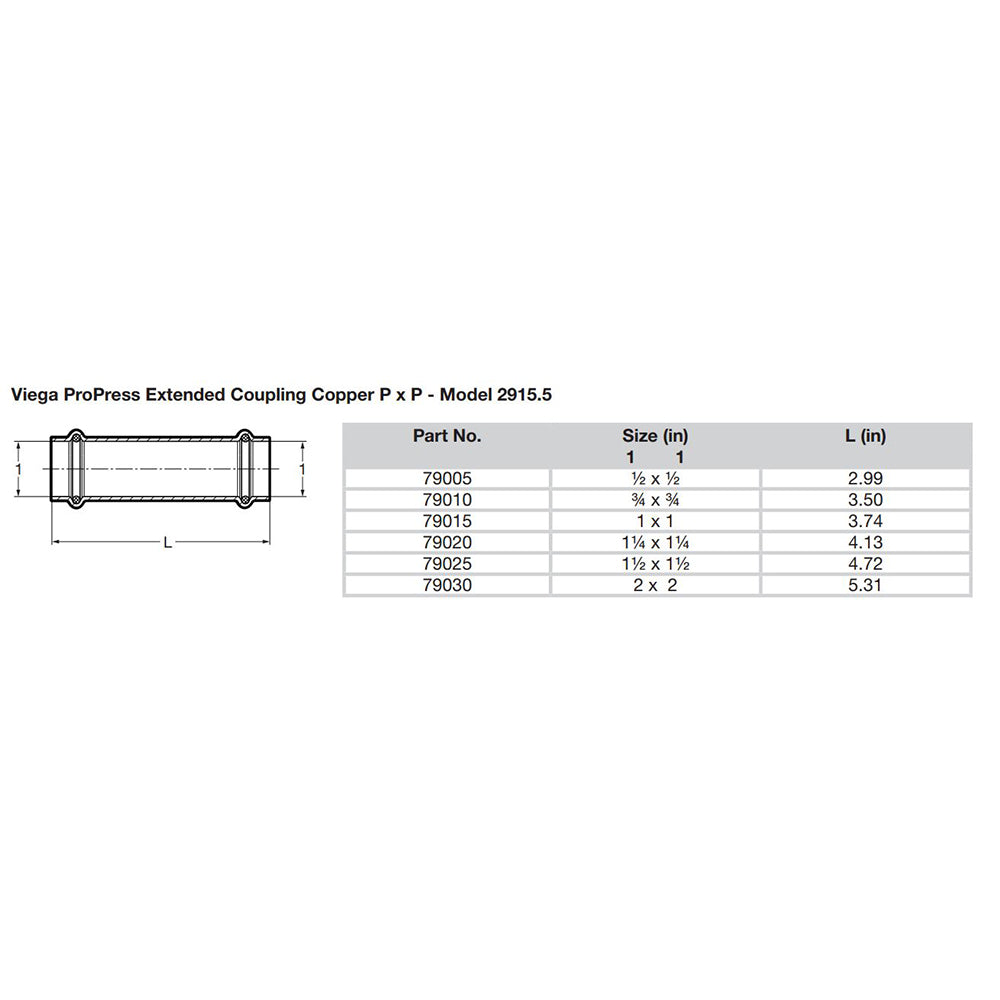 Viega ProPress 114 Extended Coupling wo Stop  Double Press Connection  Smart Connect Technology 79020