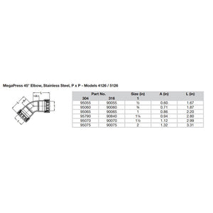 Viega MegaPress 12 45 Stainless Steel 304 Elbow  Double Press Connection  Smart Connect Technology 95055
