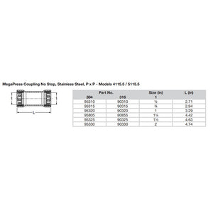 Viega MegaPress 2 Stainless Steel 304 Coupling wo Stop  Double Press Connection  Smart Connect Technology 95330
