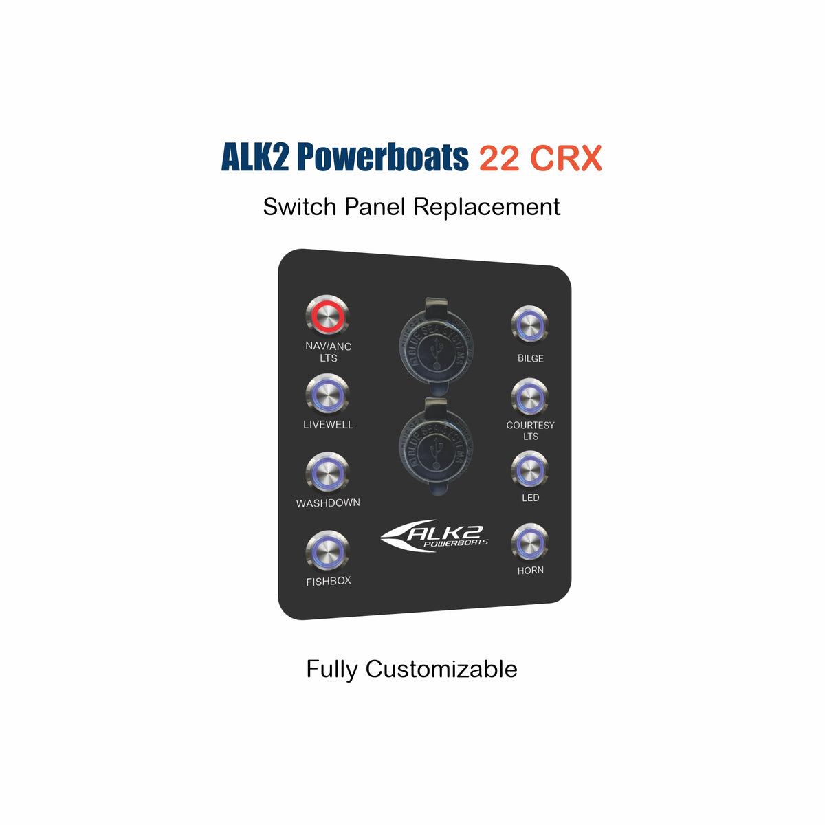 LK2 Powerboats 22 CRX Switch Panel Replacement with custom etching