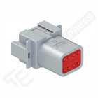 Amphenol DT 8-way receptacle shown at an angled side/rear view, red eight-pin insert face and gray mounting latch.