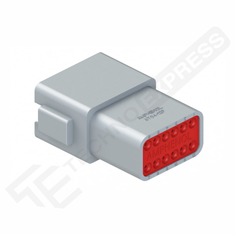 Amphenol DT 12-way male receptacle front-angled view showing red 12-pin face, numbered cavities and side latch