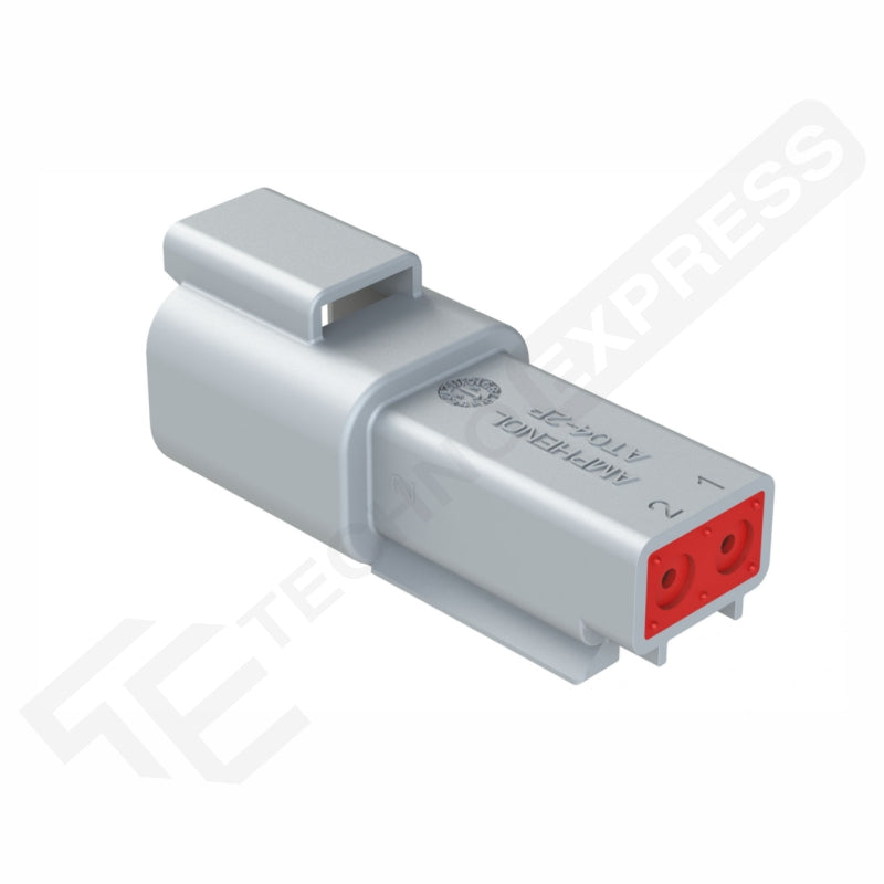 Amphenol DT 2-pin male receptacle, angled front-side view showing red insert, numbered cavities and latch.