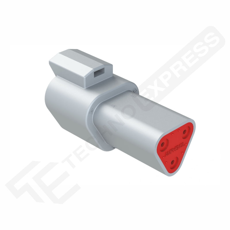 Amphenol DT 3-way receptacle, angled view showing triangular red mating face, latch and housing