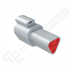 Amphenol DT 3-way receptacle, angled view showing triangular red mating face, latch and housing