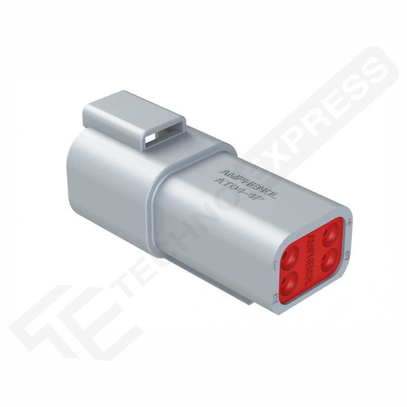 Amphenol AT04 4-way male receptacle, angled front-right view showing red four-pin insert and latch.