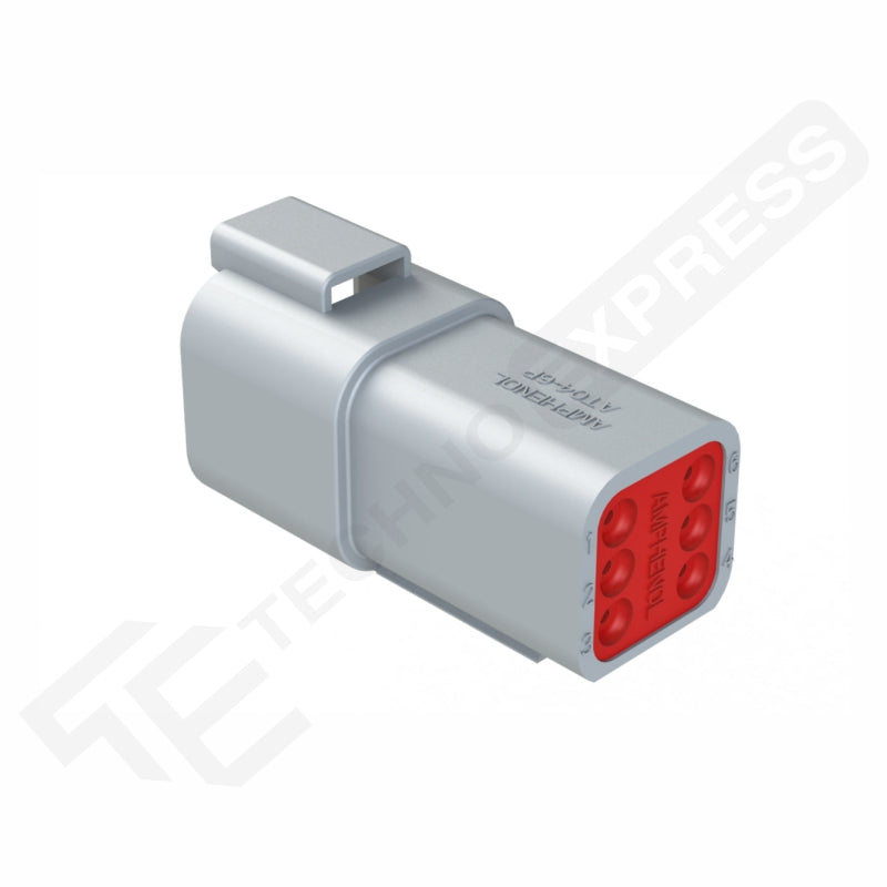 Amphenol DT 6-way male receptacle shown at angle revealing red six-position mating face and side latch clip