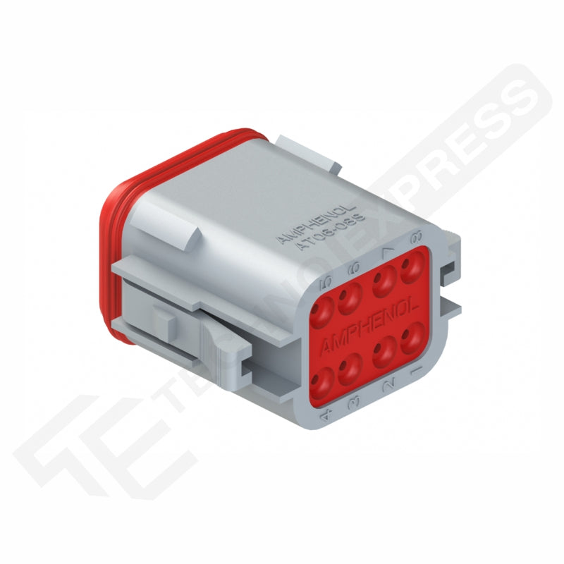 Amphenol AT06-8SA female DT 8-way plug, three-quarter front view showing red contact cavities, latch and seal.