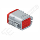Amphenol AT06-8SA female DT 8-way plug, three-quarter front view showing red contact cavities, latch and seal.