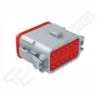 Amphenol 12-way female DT connector angled to show red insert, numbered cavities, side latch and seal.